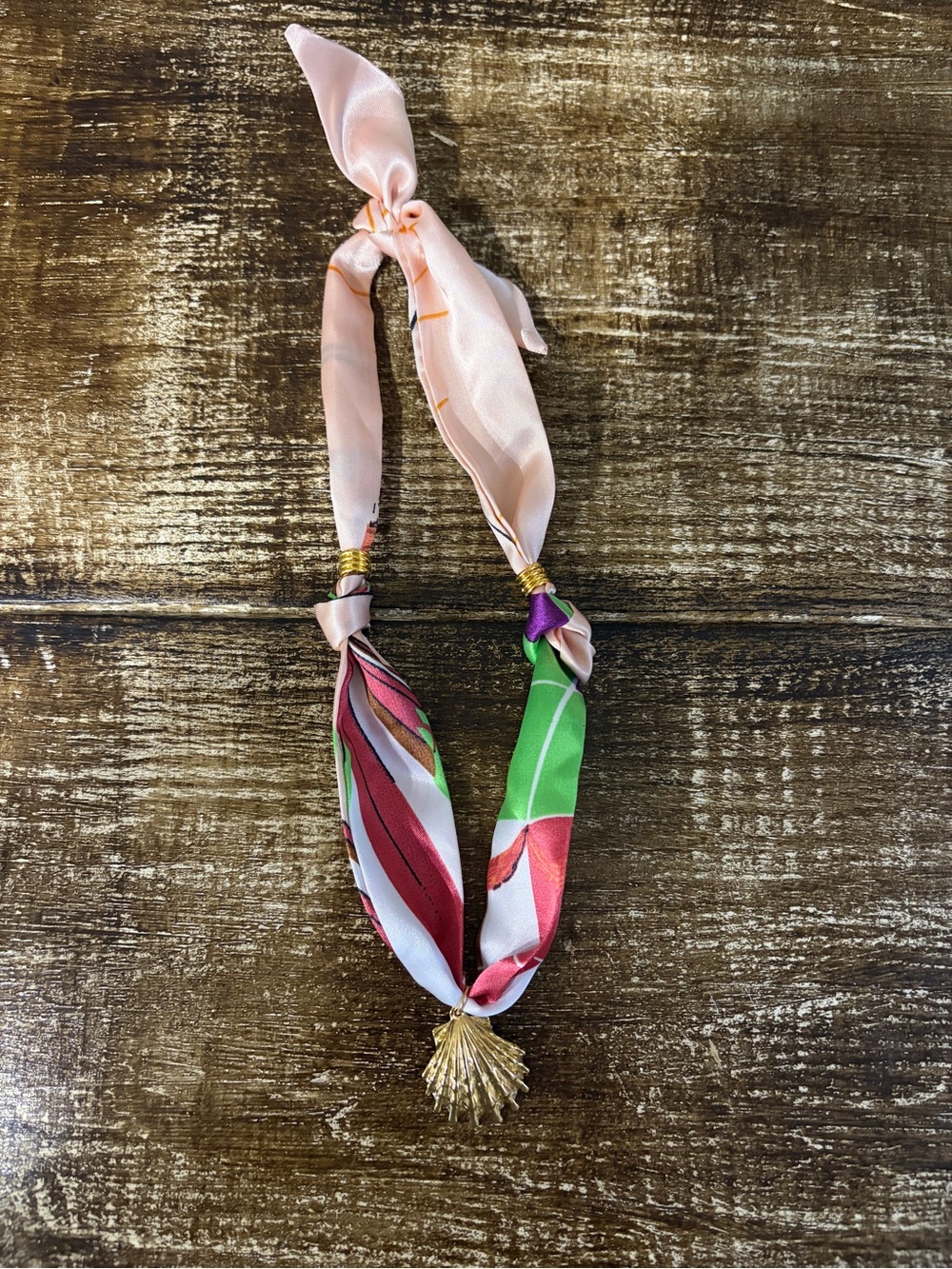 Silk Scarf Necklace with Gold Shell Charm - Pink, Green & Red
